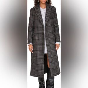 Avec Les Filles Plaid Long Trench Coat in Charcoal and Black
